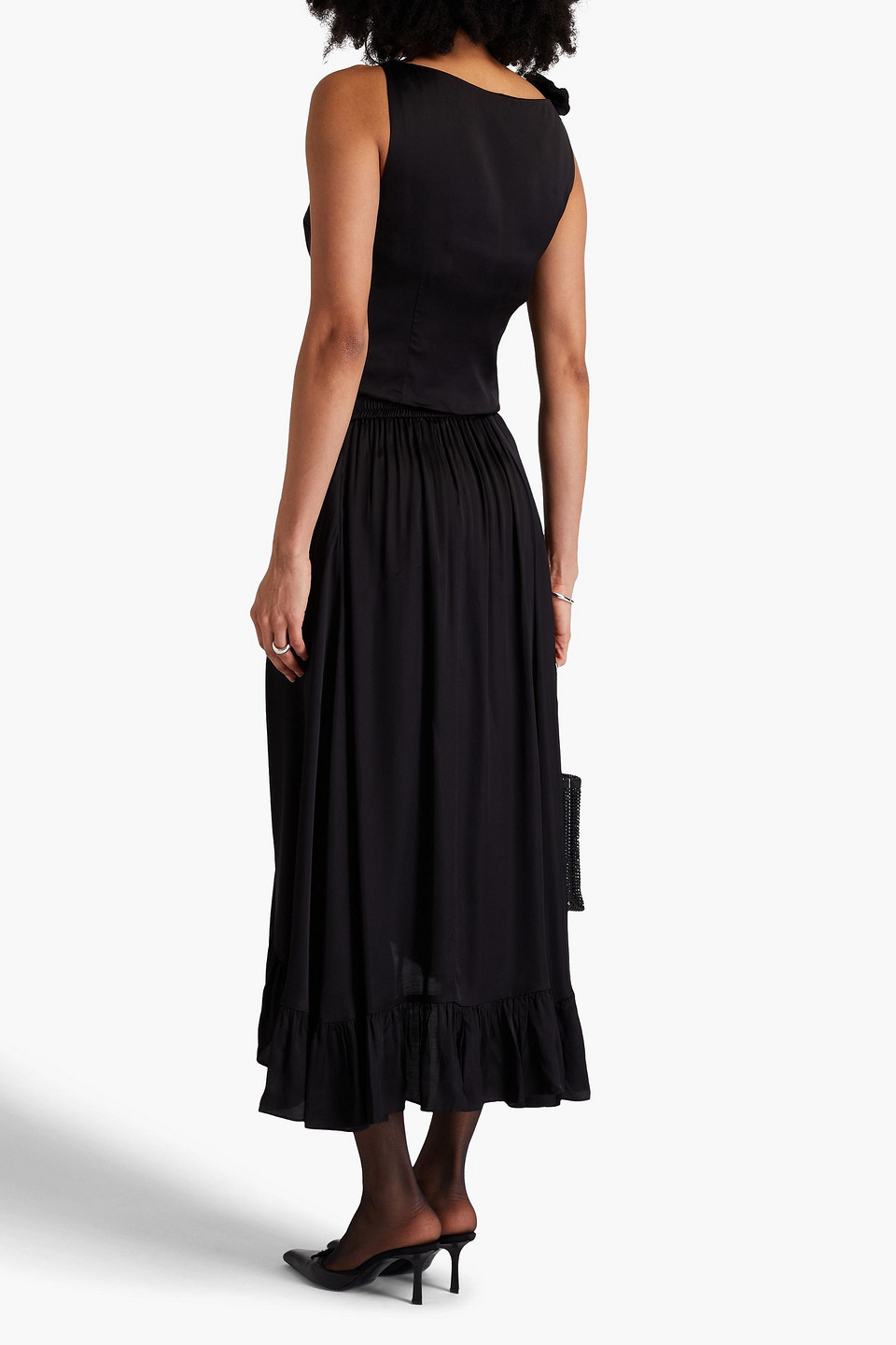 Maje Cutout Floral-appliquéd Satin Top In Schwarz