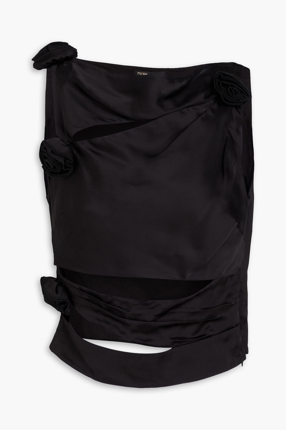 Maje Cutout Floral-appliquéd Satin Top In Schwarz