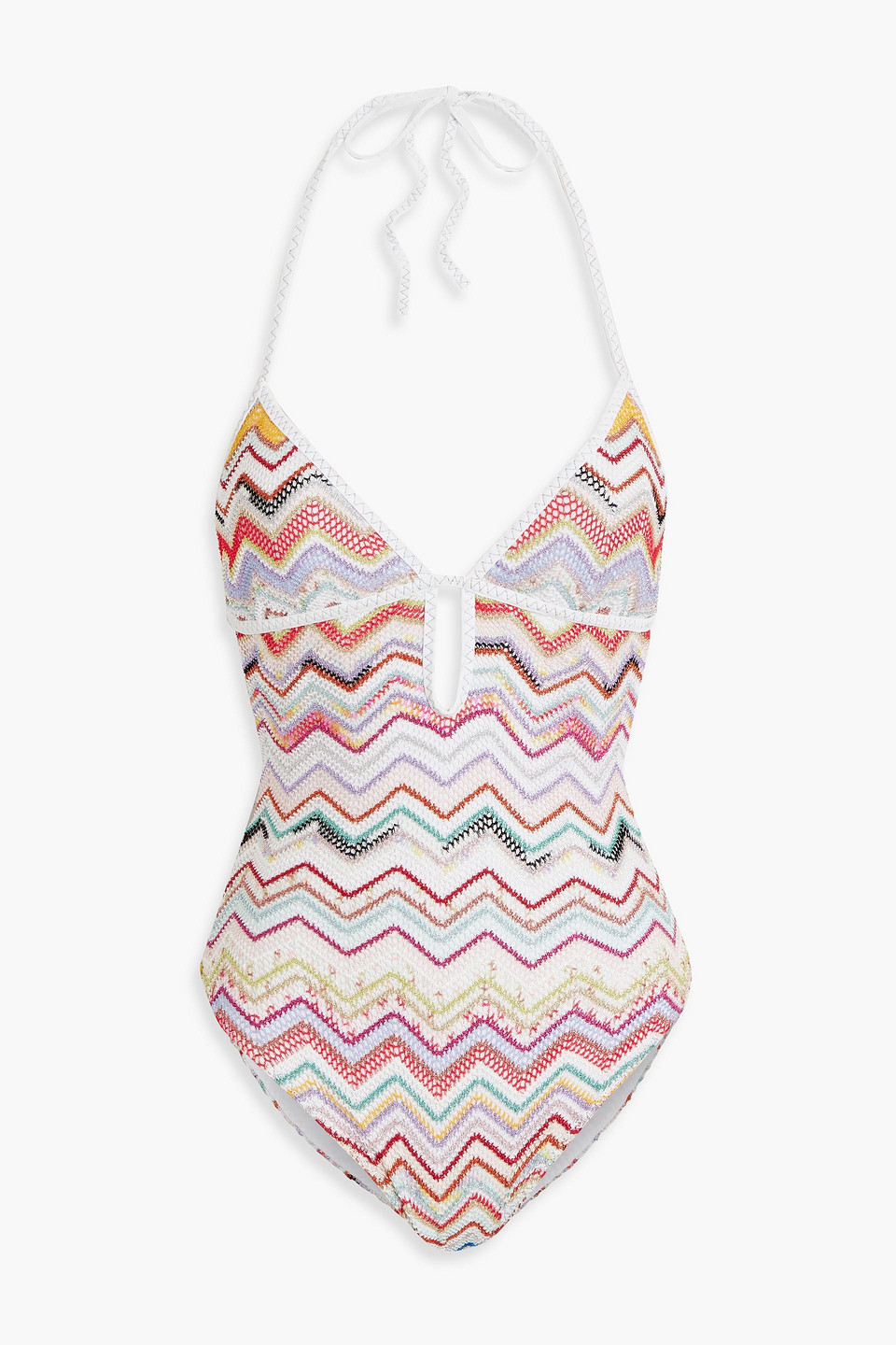 Missoni Metallic Crochet-knit Halterneck Swimsuit In Lilac
