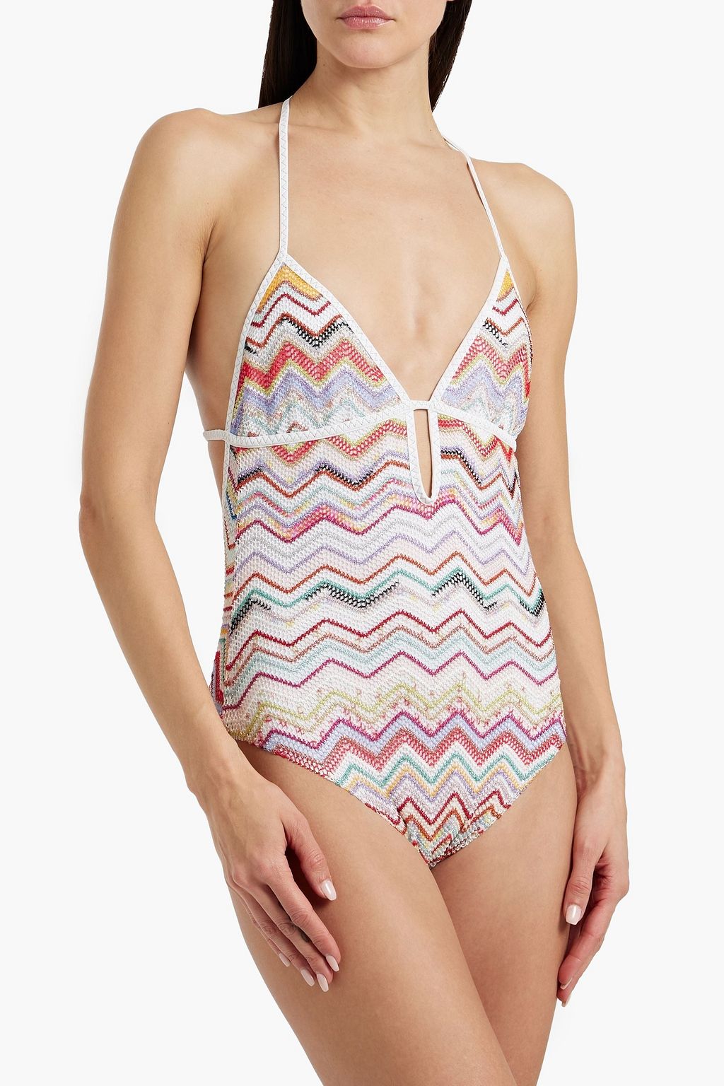 MISSONI Metallic crochet-knit halterneck swimsuit