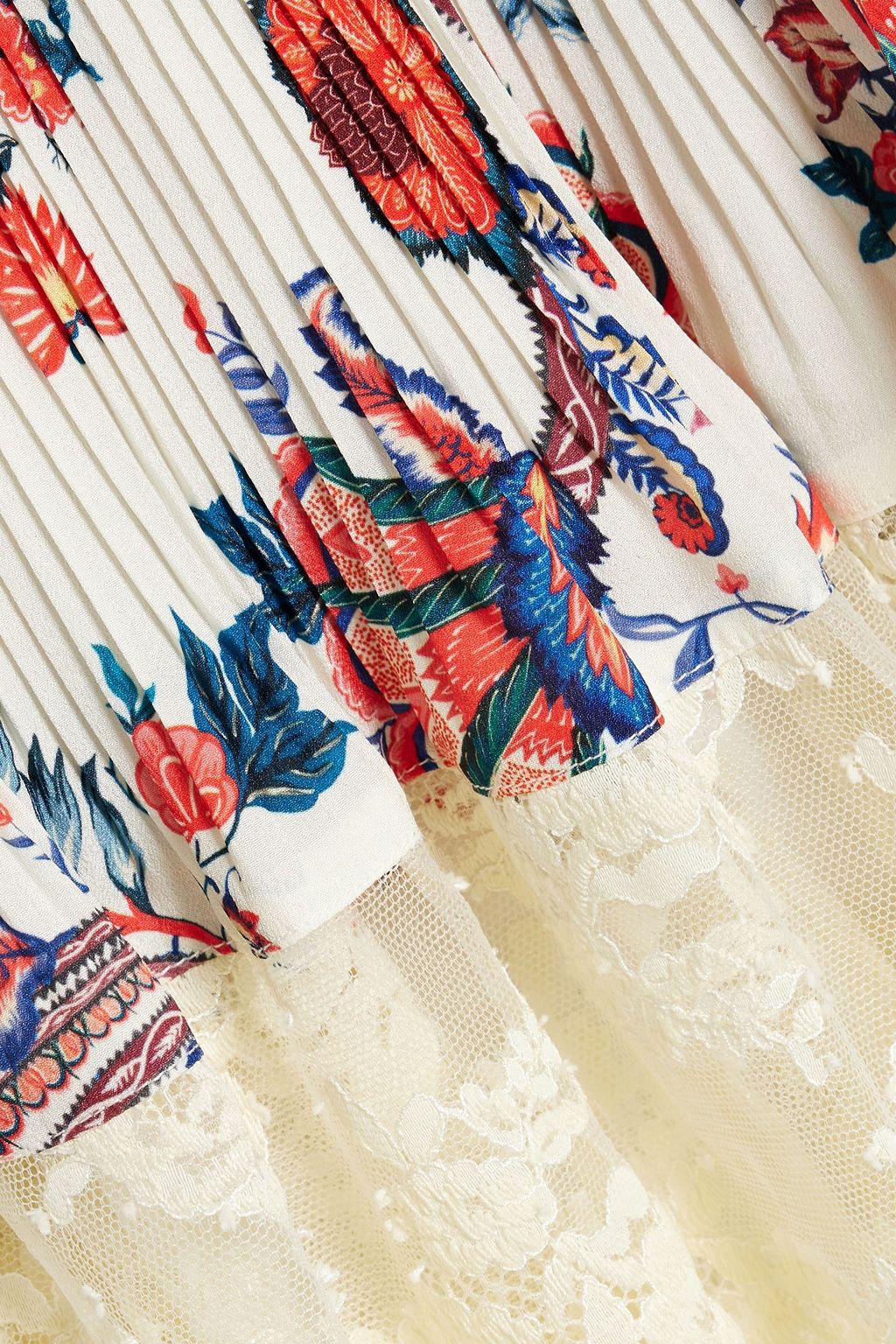 RABANNE Pleated paisley-print crepe de chine and lace mini dress