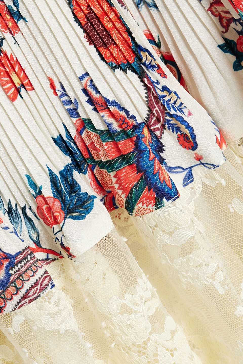 Rabanne Pleated Paisley-print Crepe De Chine And Lace Mini Dress In White