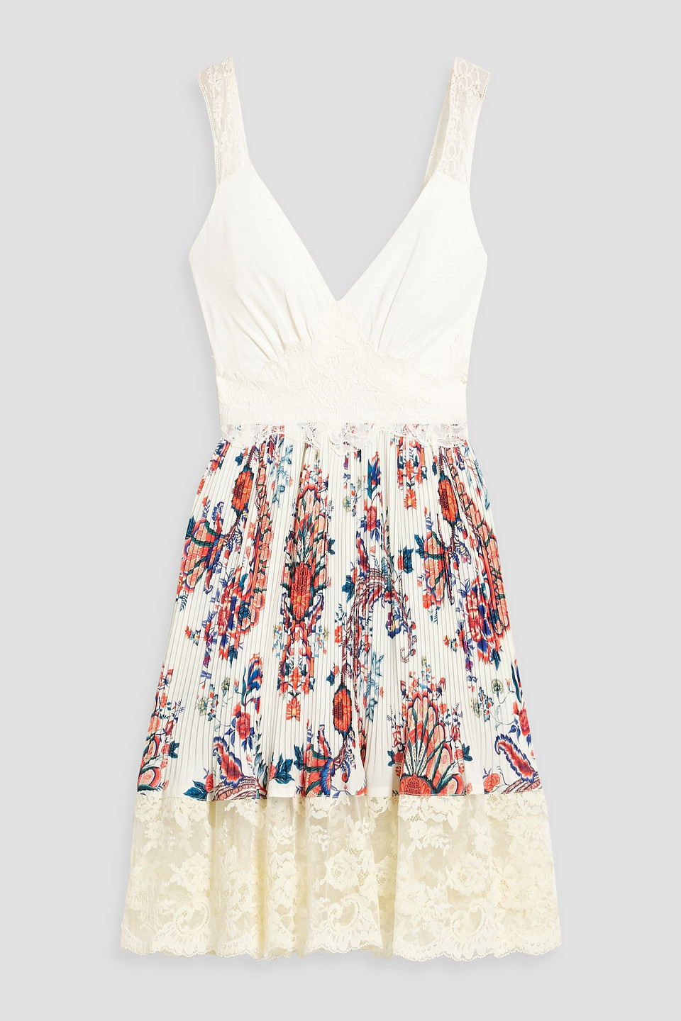 Rabanne Pleated Paisley-print Crepe De Chine And Lace Mini Dress In White