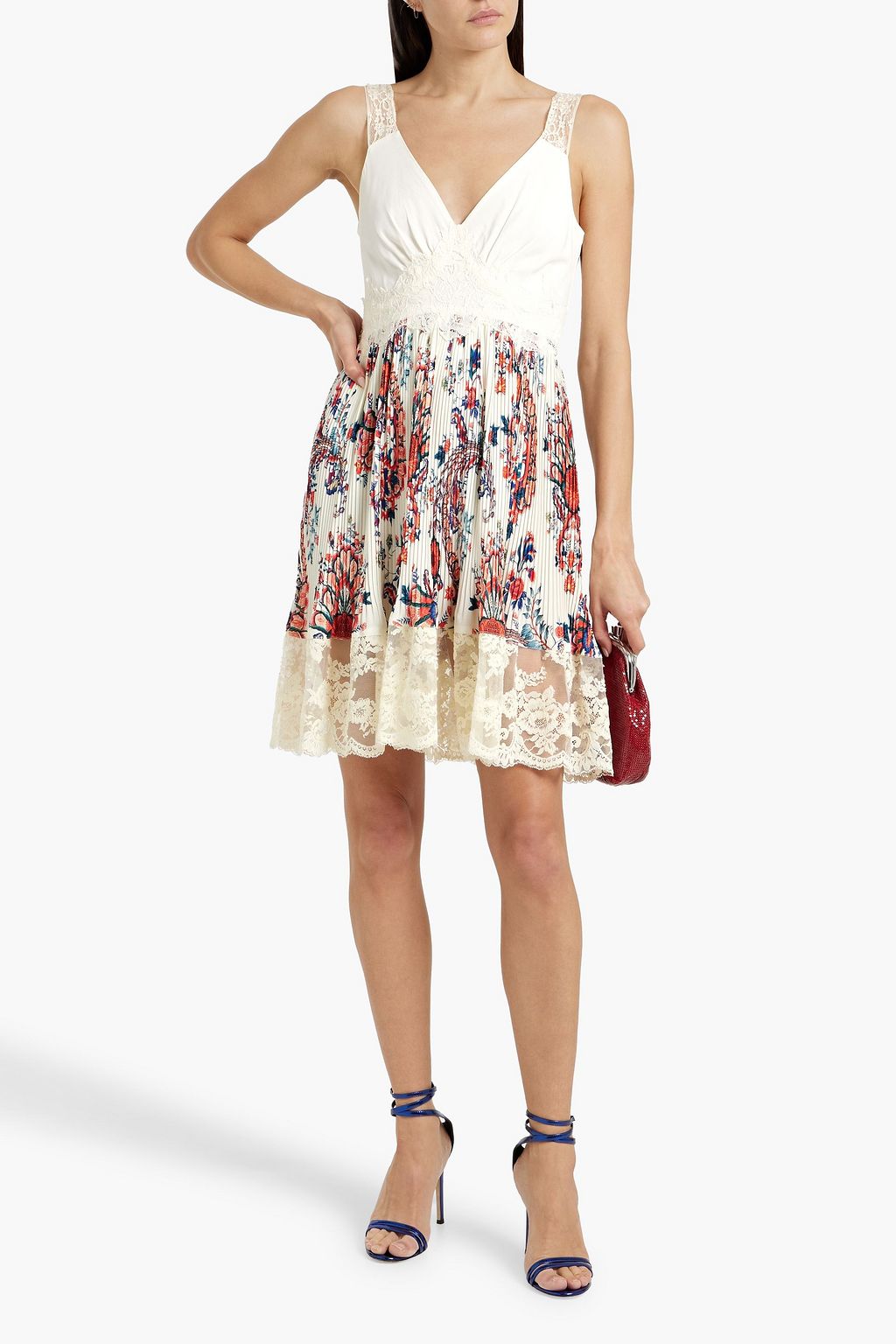 RABANNE Pleated paisley-print crepe de chine and lace mini dress