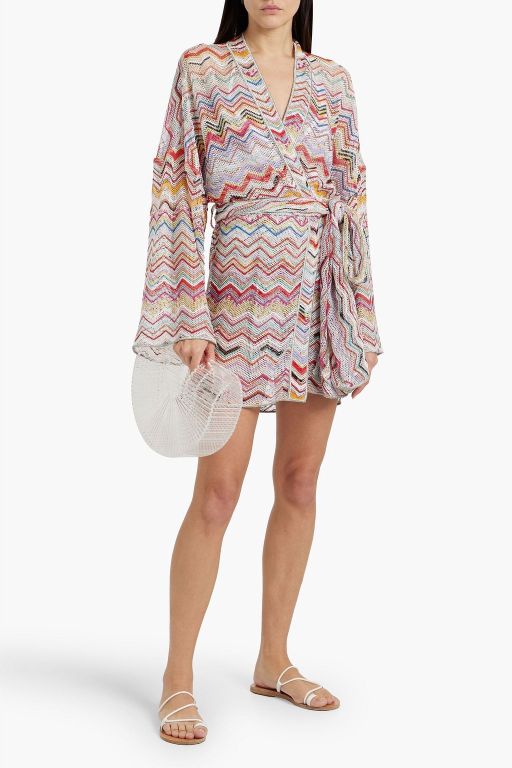 MISSONI Belted metallic crochet-knit coverup