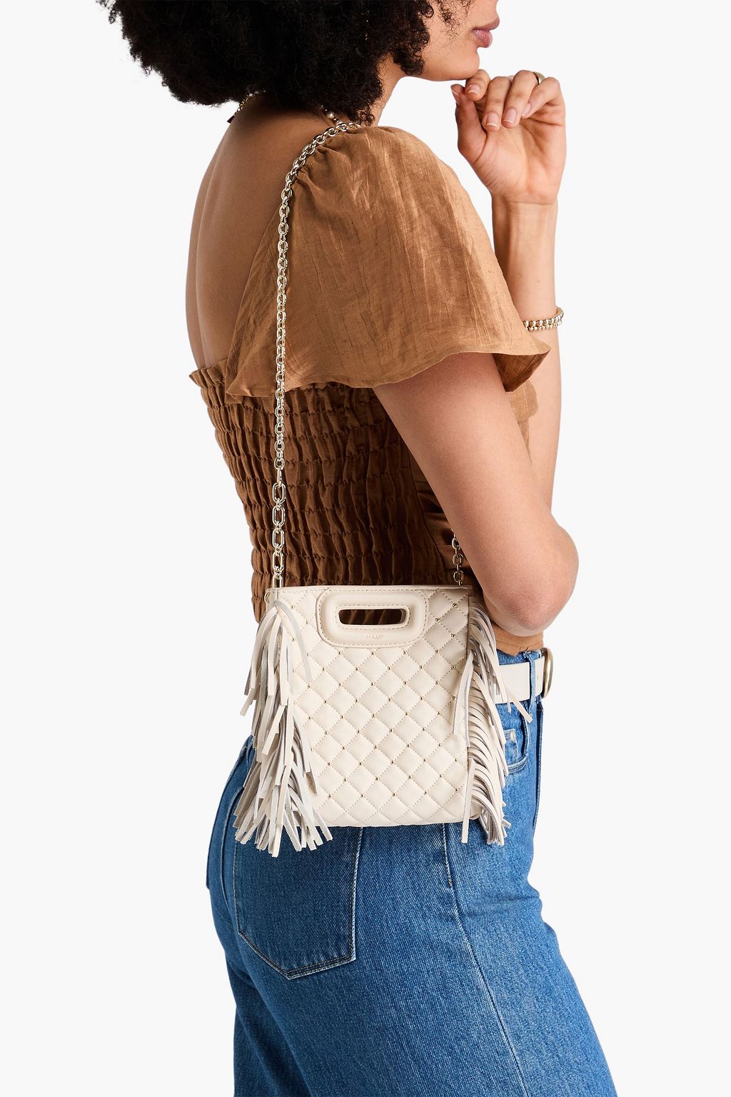 MAJE Quilted fringed studded leather tote