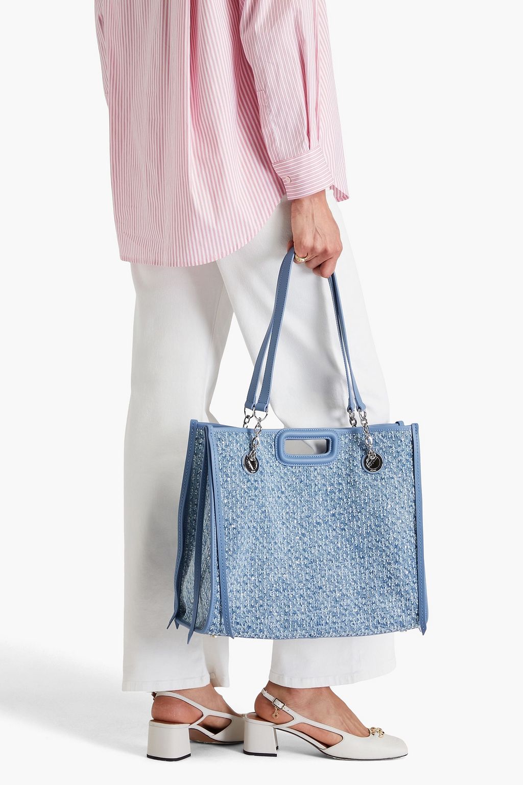 MAJE Leather-trimmed distressed denim tote