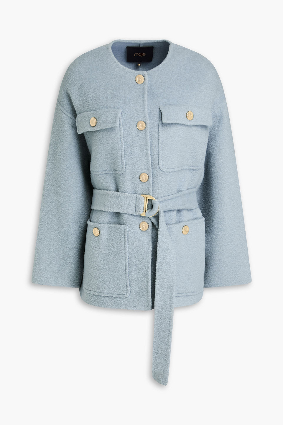 Maje Belted Wool-blend Felt Coat In Blue