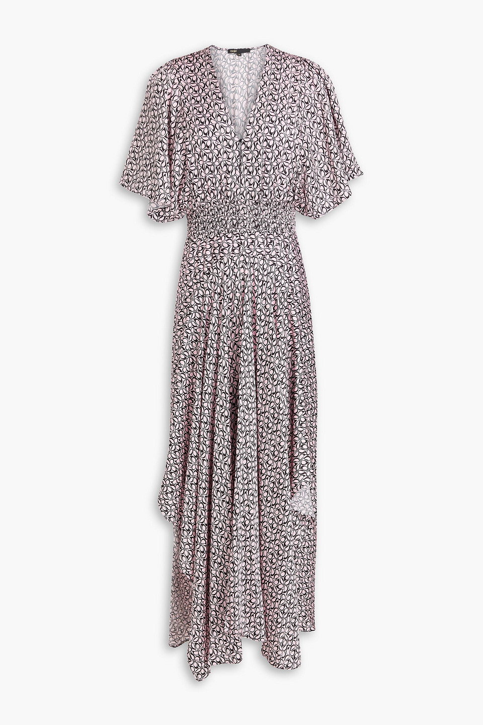 Maje Shirred Printed Satin Maxi Dress In Pastel Pink