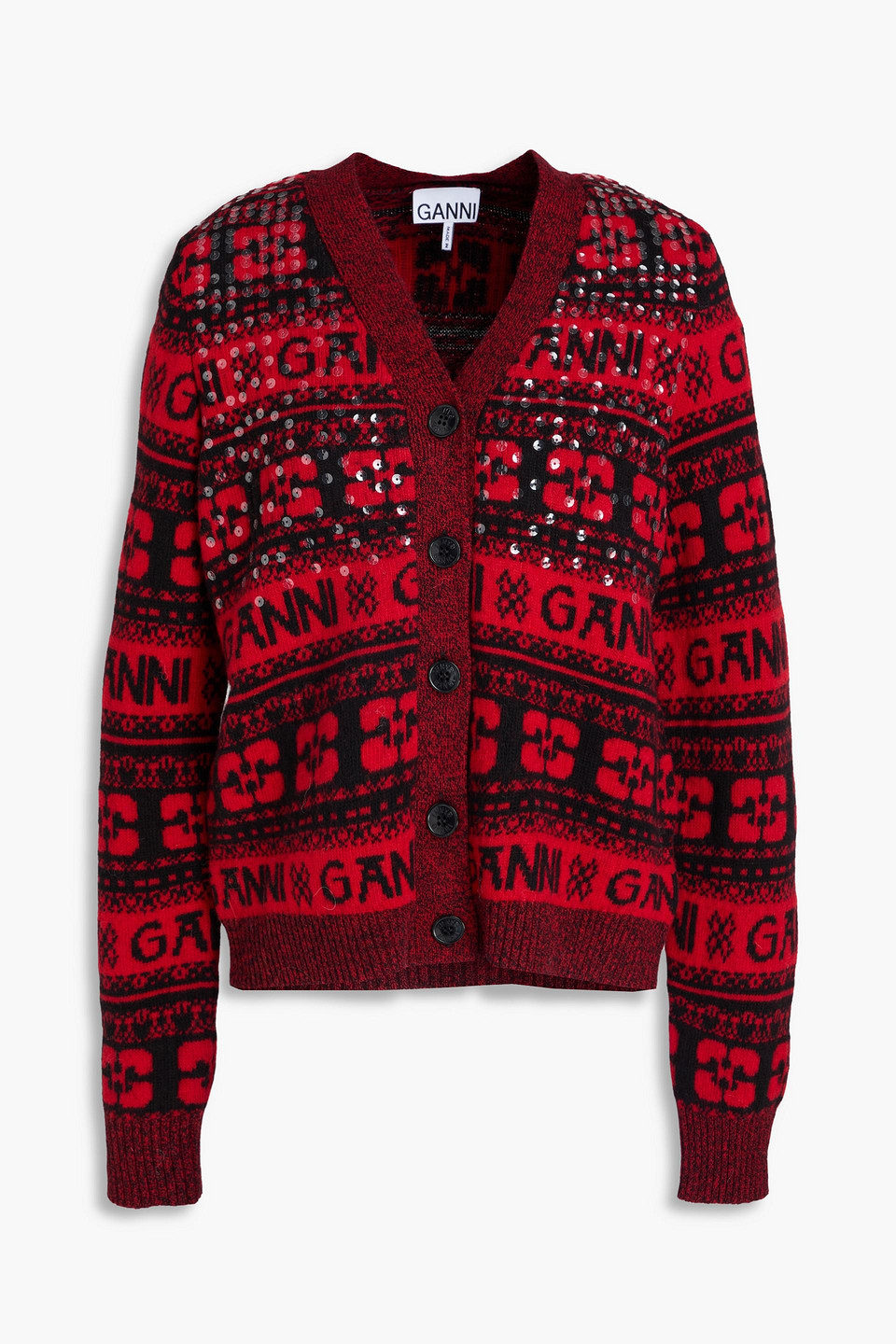 GANNI SEQUIN-EMBELLISHED JACQUARD-KNIT CARDIGAN
