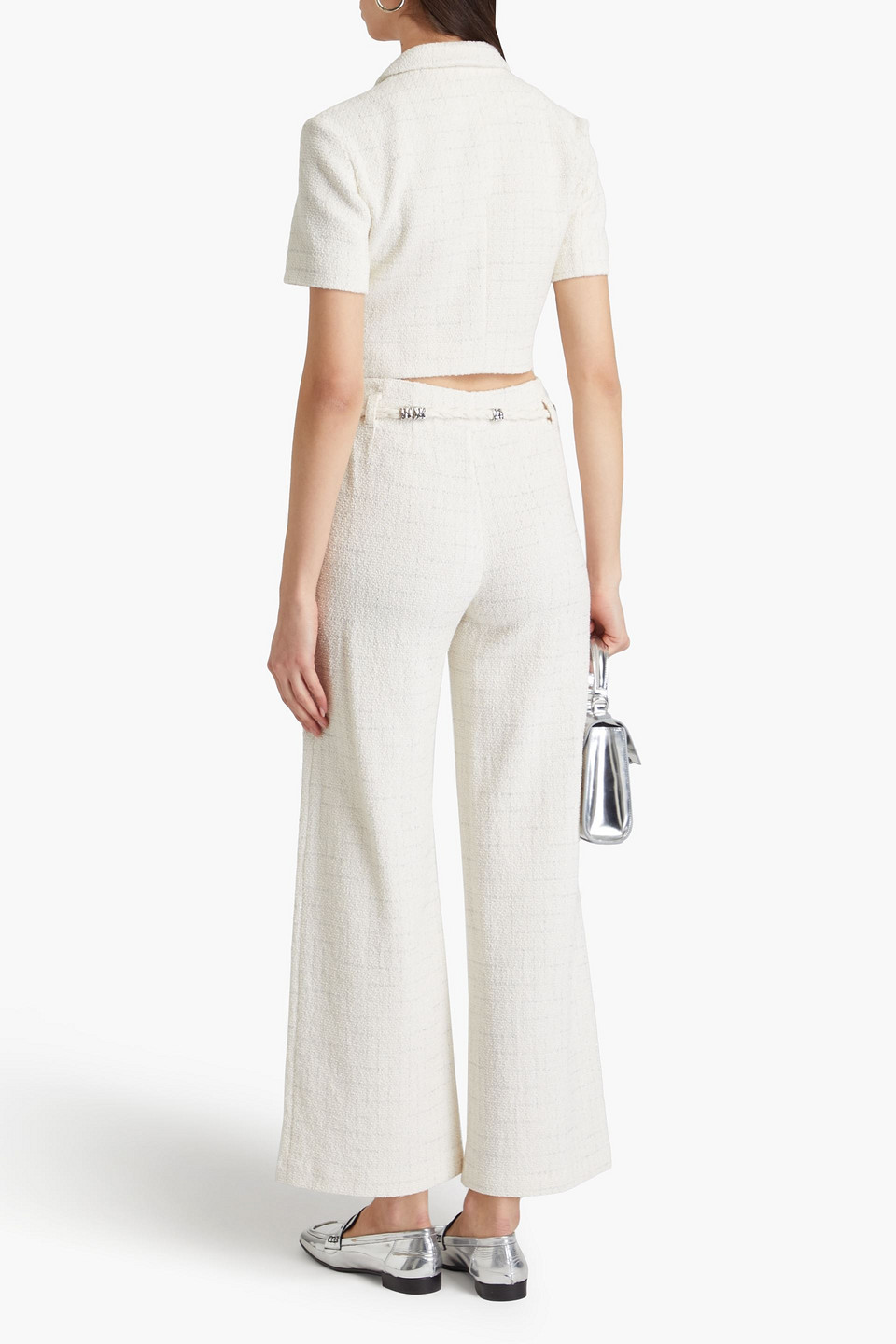 Maje Metallic Checked Cotton-blend Bouclé-tweed Wide-leg Pants In Naturfarben