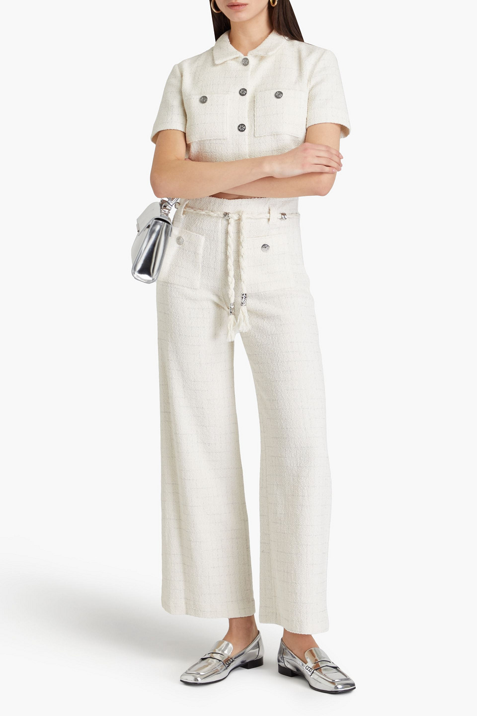 Maje Metallic Checked Cotton-blend Bouclé-tweed Wide-leg Pants In Naturfarben