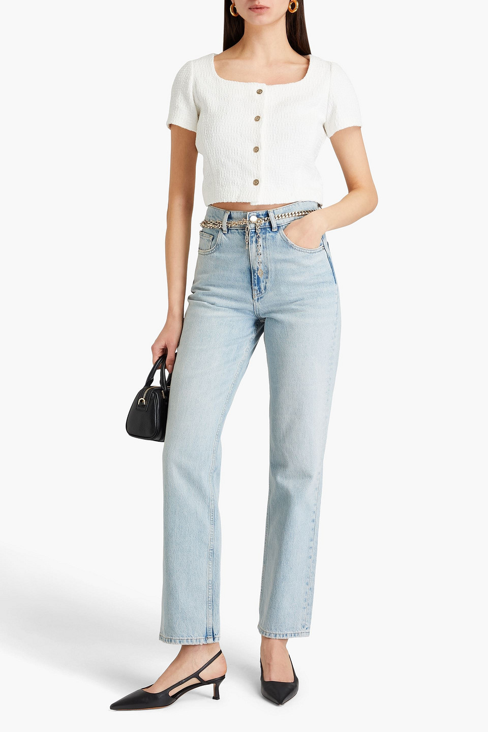 Maje Cropped Cotton-blend Tweed Top In Off-white