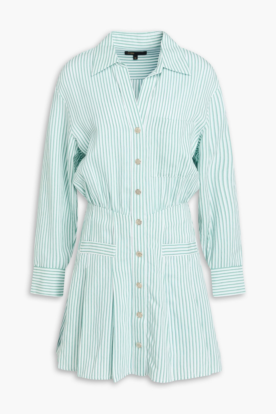 Maje Pleated Striped Twill Mini Shirt Dress In Grün