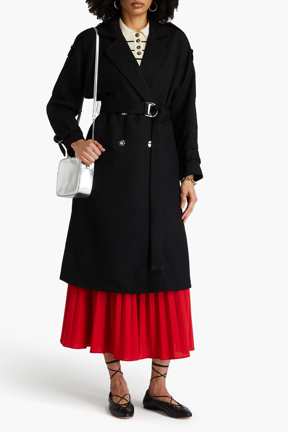 Maje Tweed Trench Coat In Schwarz