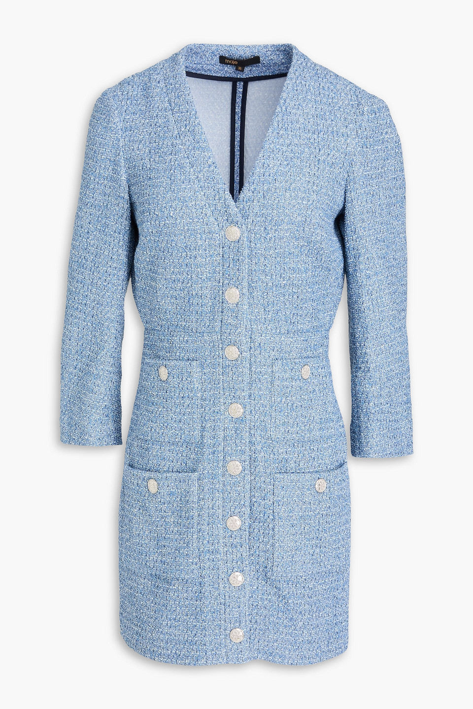 Maje Metallic Cotton-blend Bouclé-tweed Mini Dress In Bleu