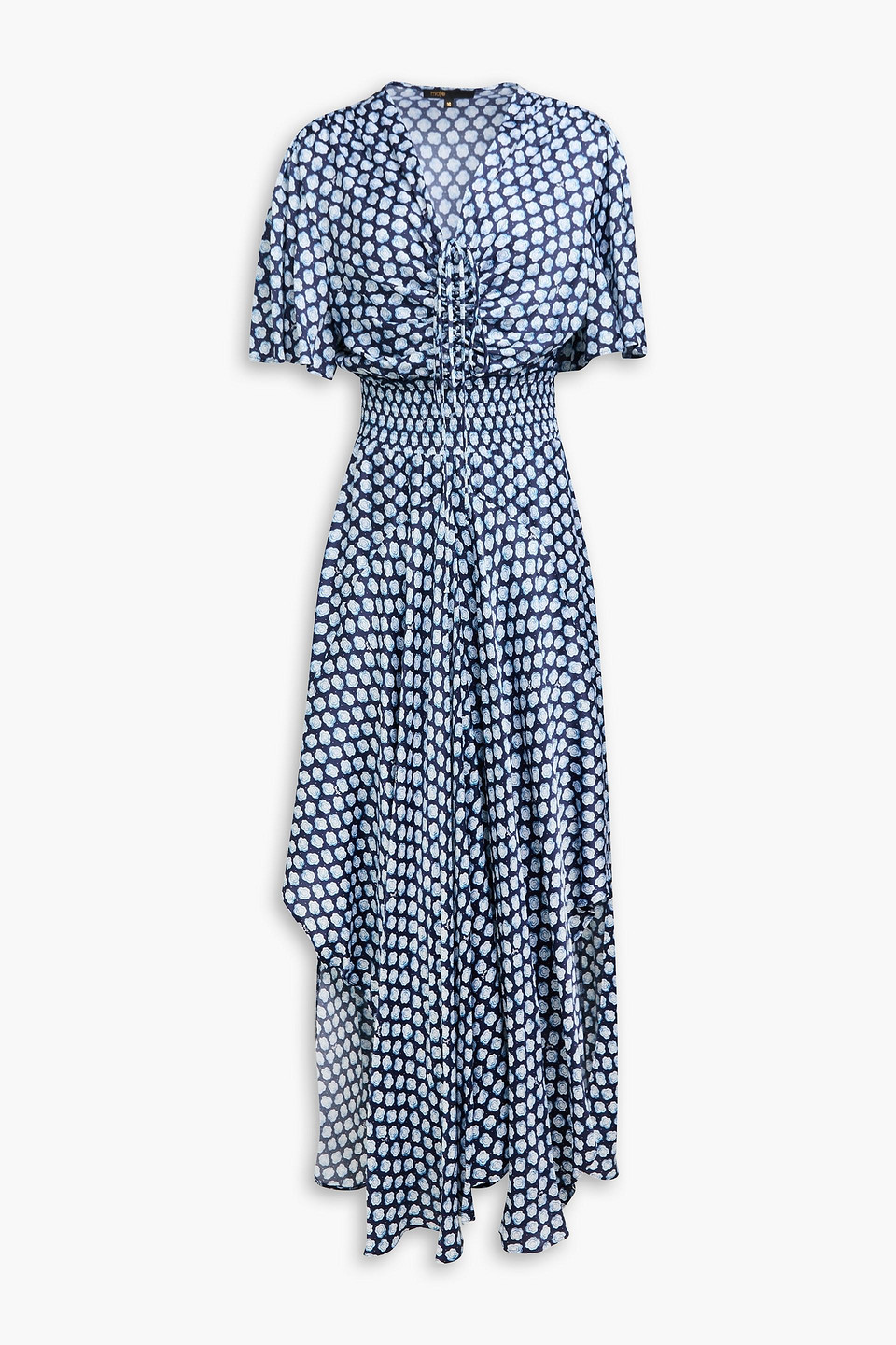 Asymmetric printed satin maxi dress