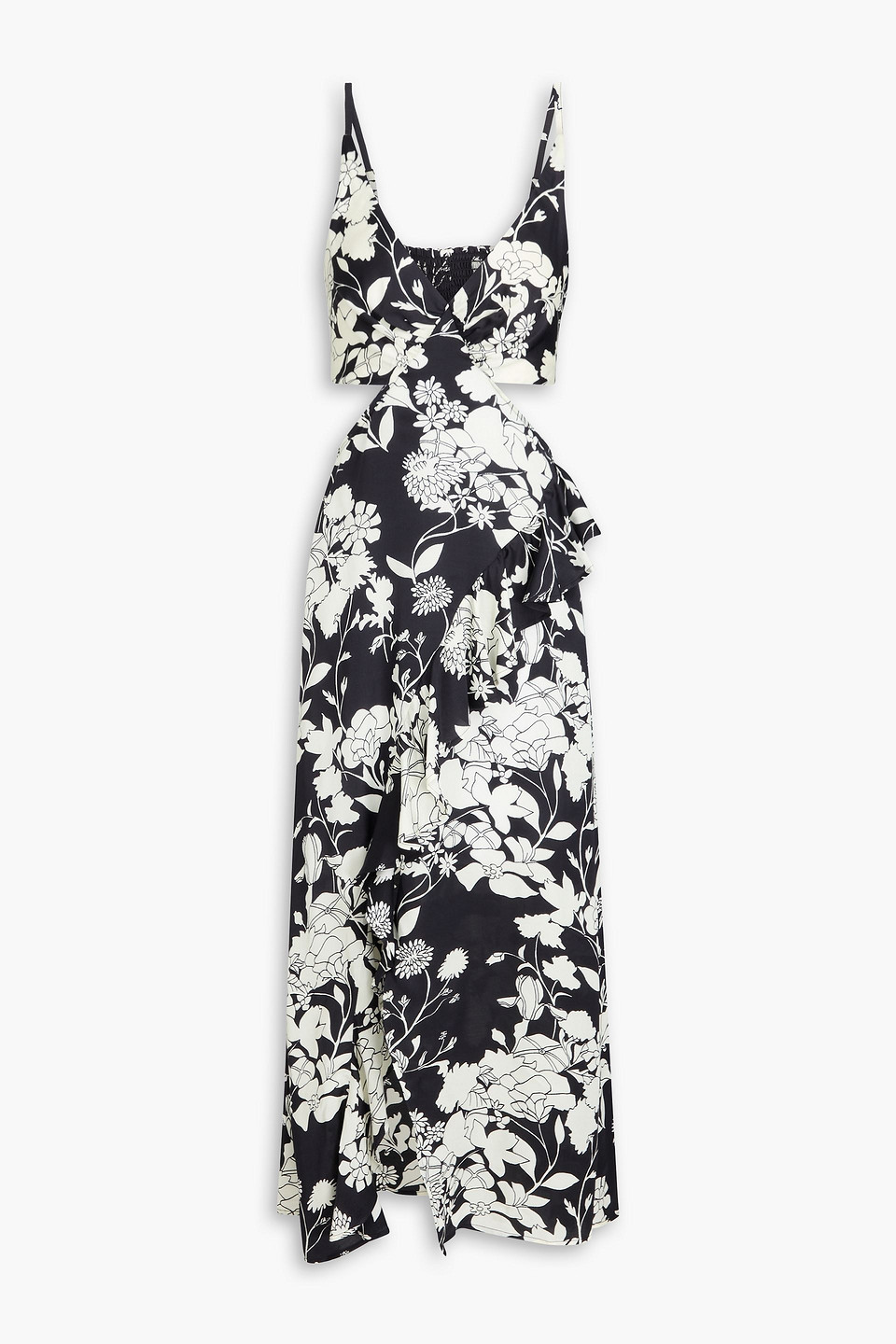 Ruffled cutout floral-print satin midi dress