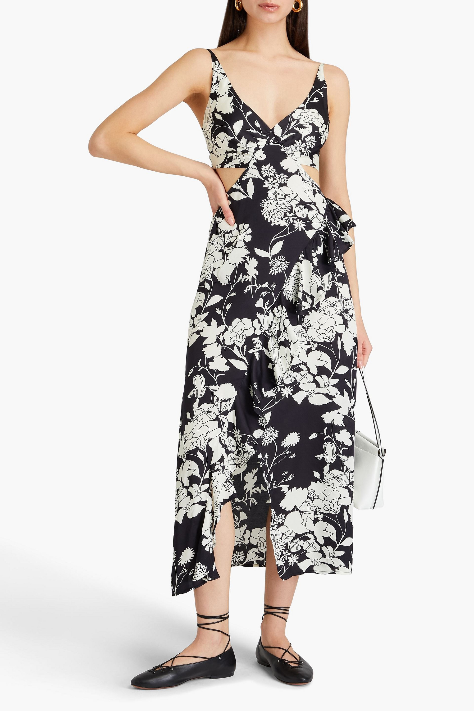 MAJE Ruffled cutout floral-print satin midi dress