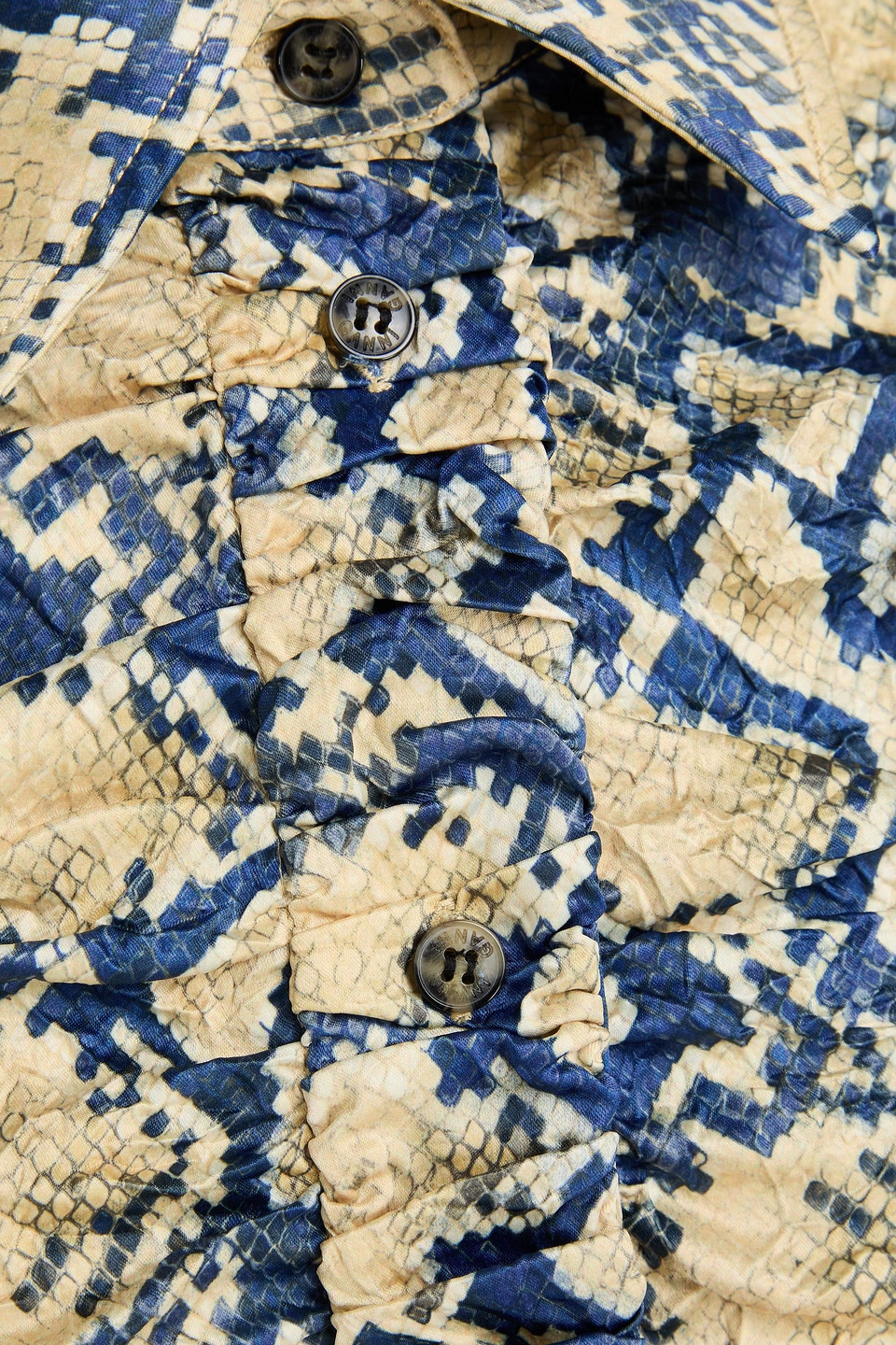 Ganni Fitted Button-front Crinkled Satin Shirt In Animal Print