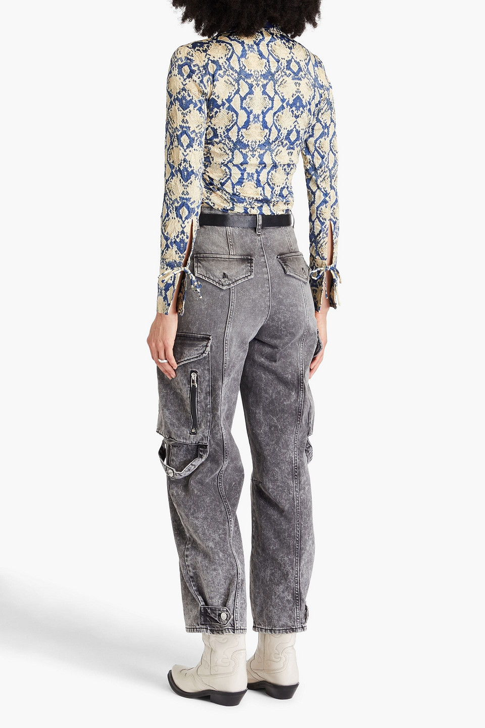 Ganni Fitted Button-front Crinkled Satin Shirt In Animal Print