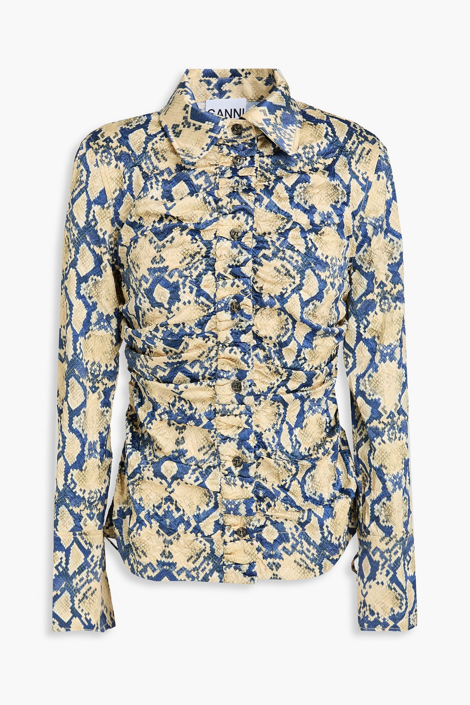 Ganni Fitted Button-front Crinkled Satin Shirt In Animal Print
