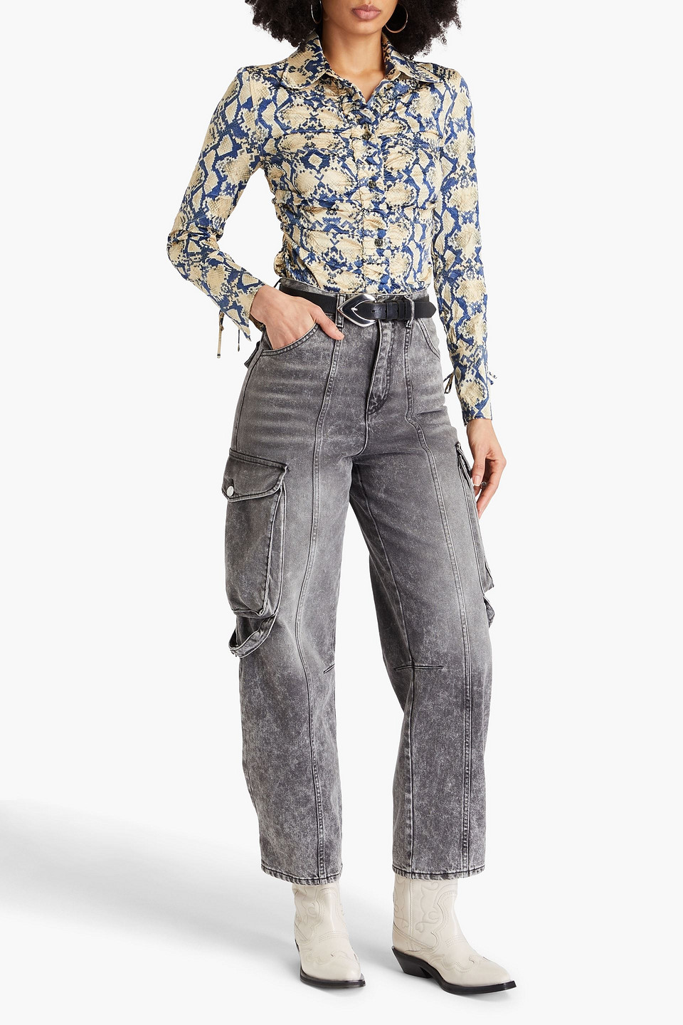 Ganni Fitted Button-front Crinkled Satin Shirt In Animal Print