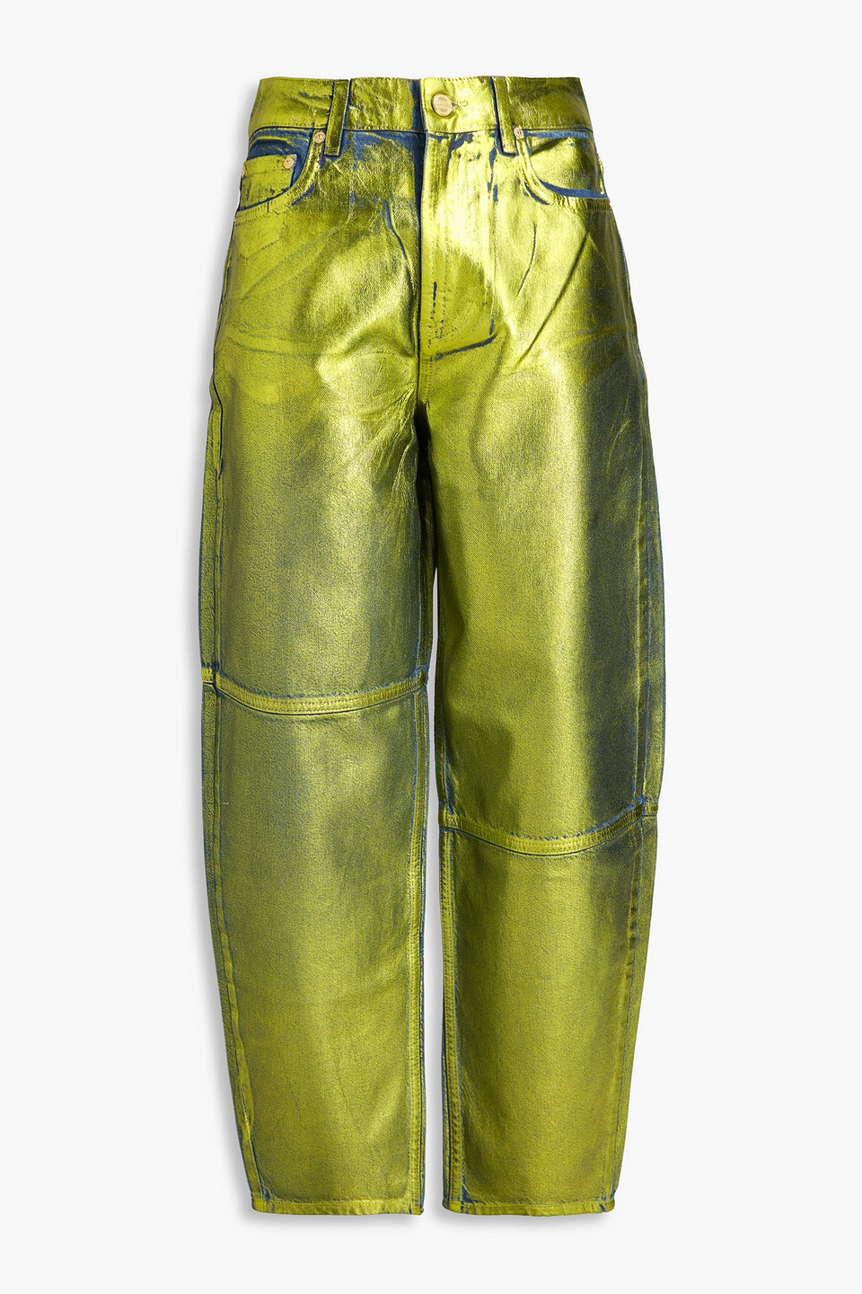 Ganni Coated Neon High-rise Barrel-leg Jeans In Lindgrün