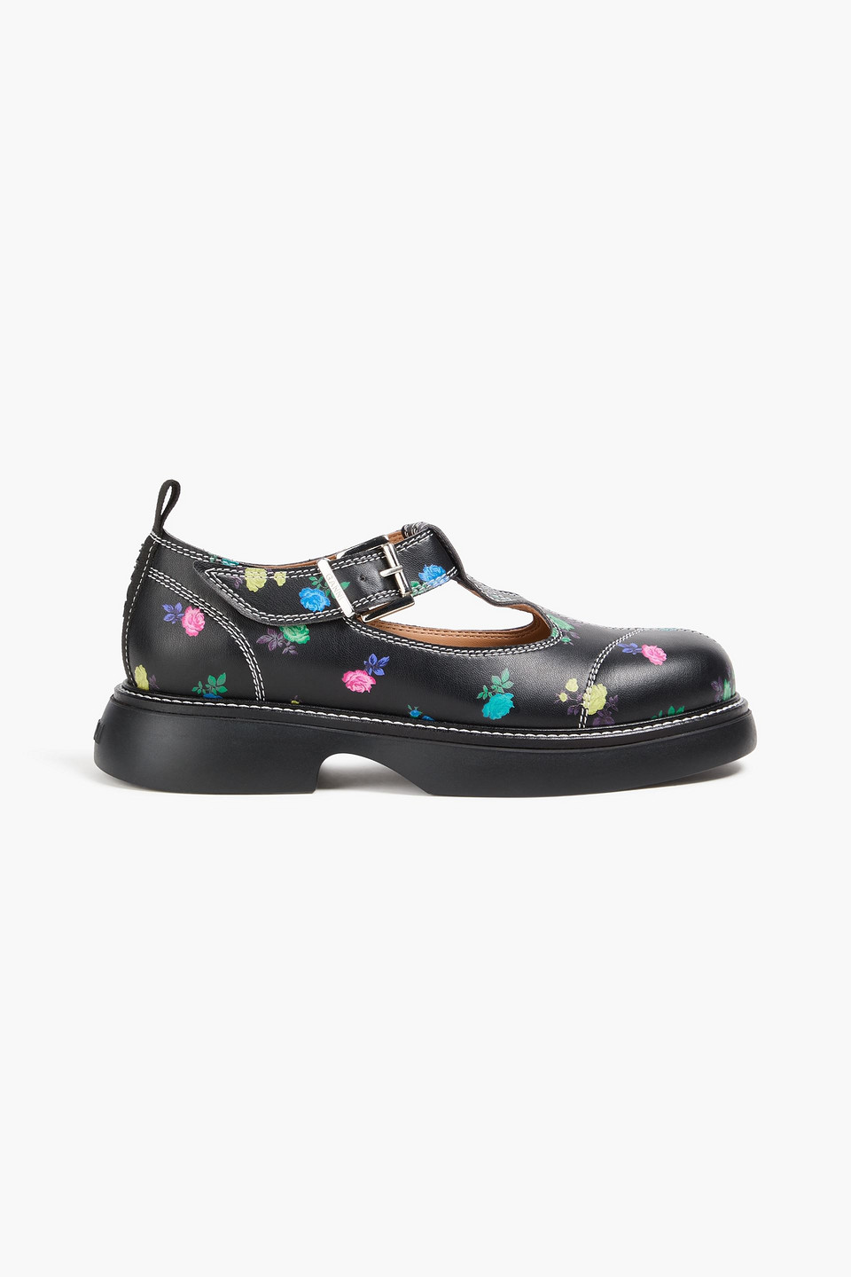 Ganni Floral-print Leather Mary Jane Pumps In Schwarz