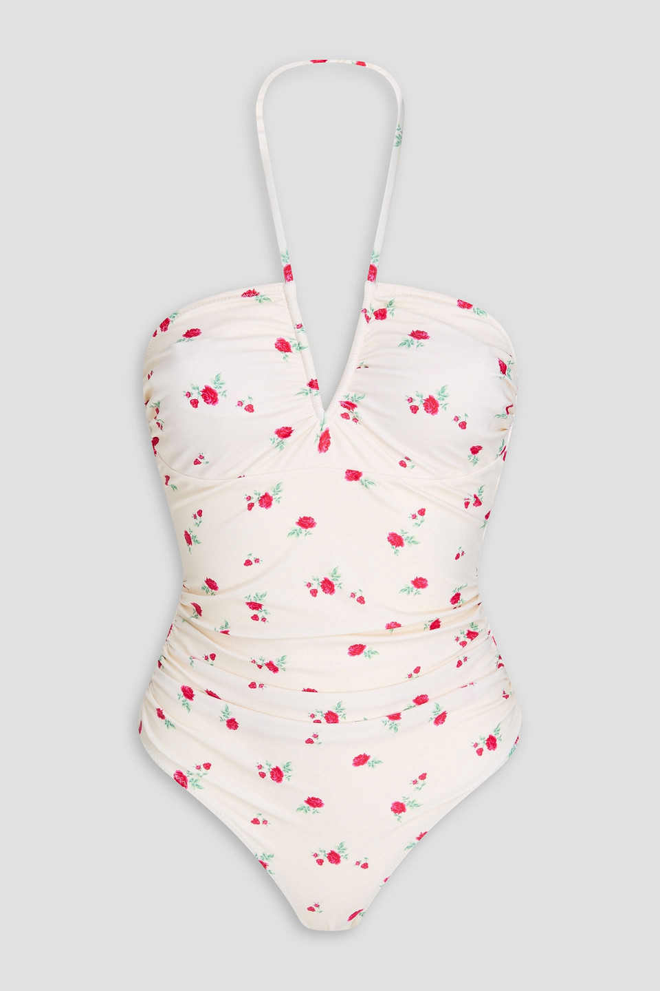 Ganni Ruched Floral-print Halterneck Swimsuit
