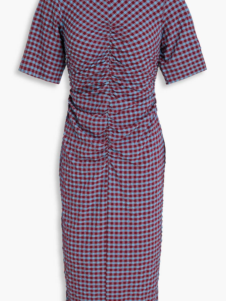 ruched gingham seersucker shirt dress
