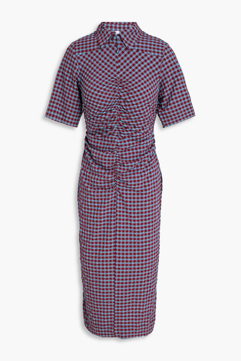 Ganni Ruched Gingham Seersucker Shirt Dress In Claret