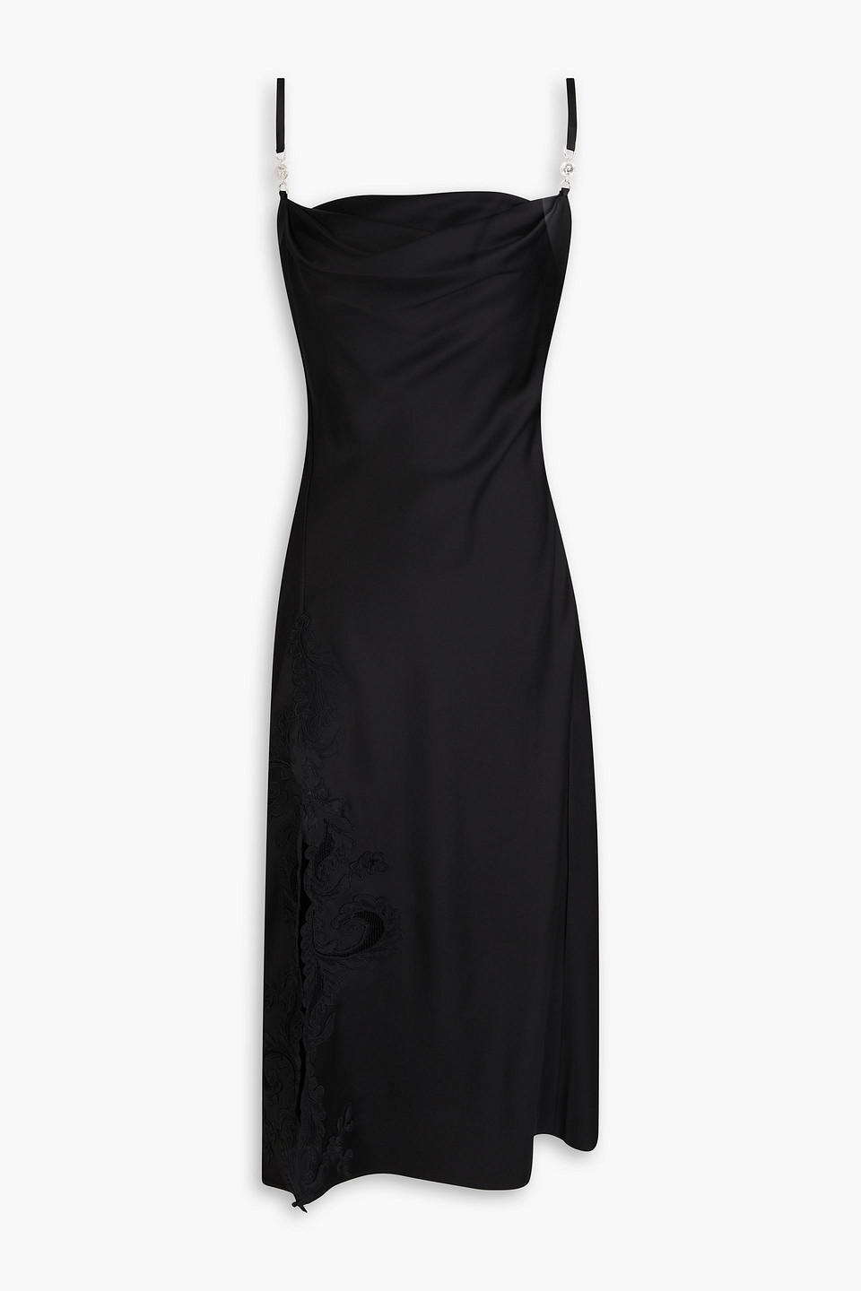 Versace Embellished Guipure Lace-paneled Satin Midi Dress In Black