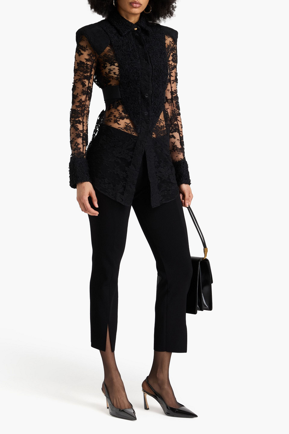  Balmain - Bluse Aus Spitze Mit Tweed-einsatz - Schwarz - Fr 34 