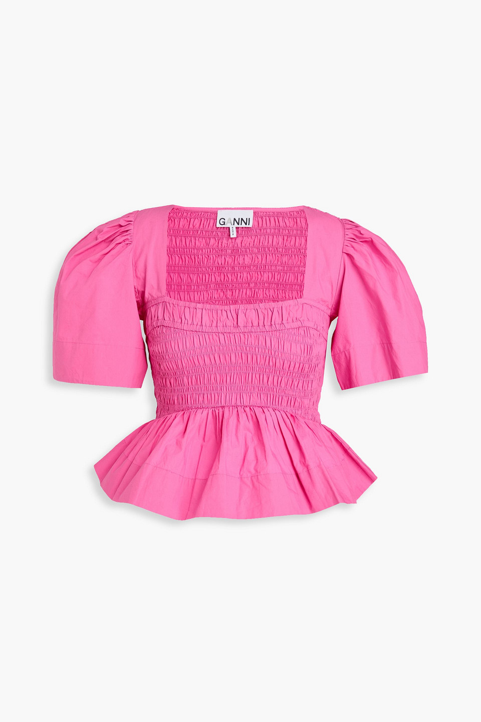 Ganni Pink Cottonpoplin Open-neck Smock Blouse