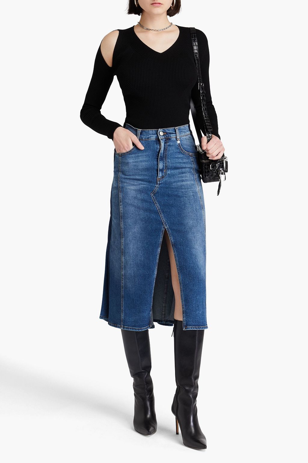 MCQUEEN Midirock aus ausgewaschenem Denim