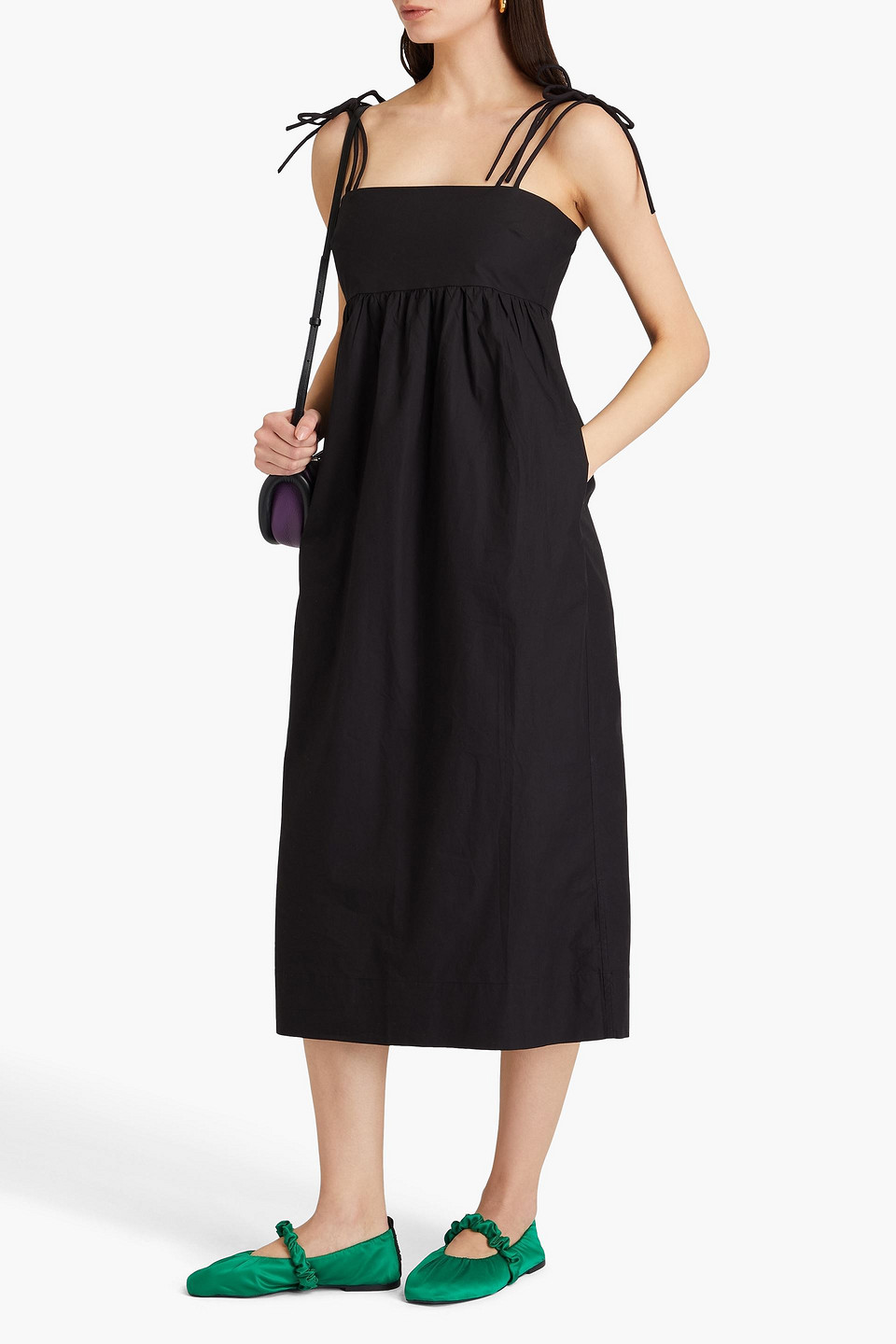 Ganni Midikleid Aus Baumwollpopeline Mit Raffung In Schwarz