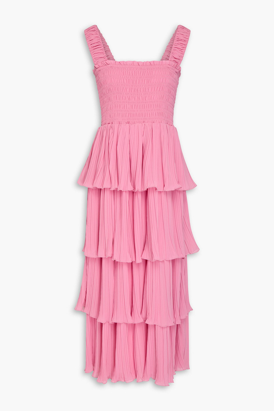 Ganni Tiered Plissé-georgette Midi Dress In Pink