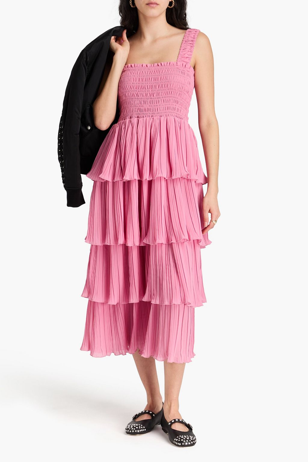 GANNI Tiered plissé-georgette midi dress