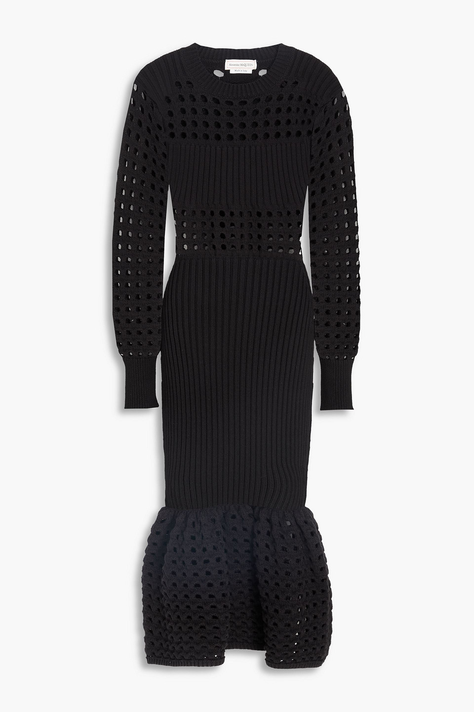 mcqueen - ribbed and open-knit cotton-blend midi dress - black - xs