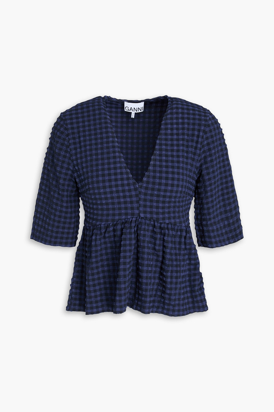 Ganni Seersucker Stretch Tech V-neck Top In Blau