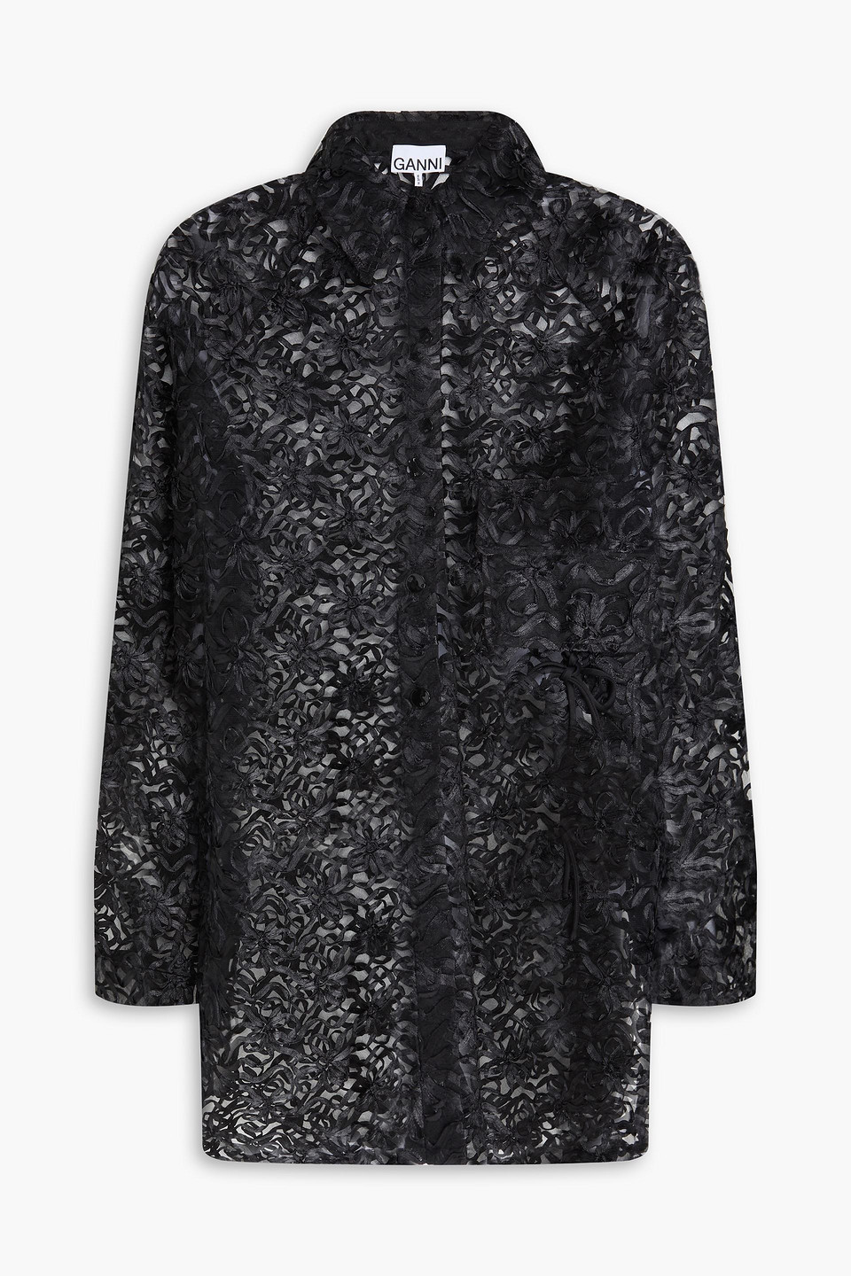 Ganni Appliquéd Tulle Shirt In Black