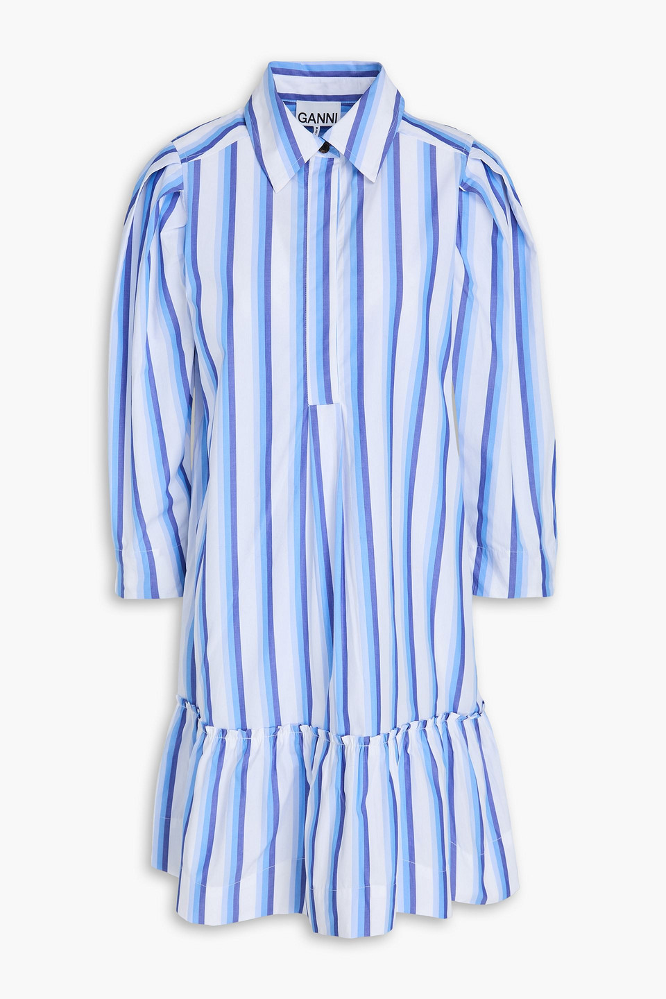 Ganni Striped Dress With Ruffles In Blue