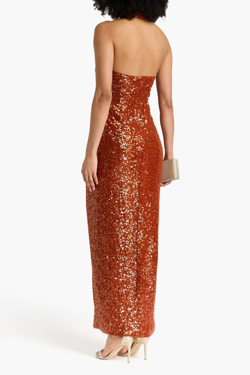 HALSTON SVETLANA WRAP-EFFECT SEQUINED MESH HALTERNECK GOWN