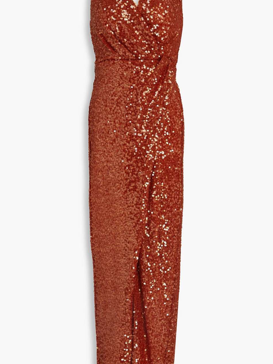 svetlana wrap-effect sequined mesh halterneck gown