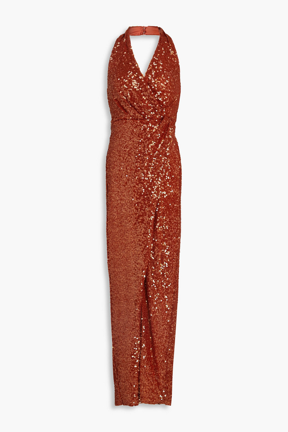 Svetlana wrap-effect sequined mesh halterneck gown
