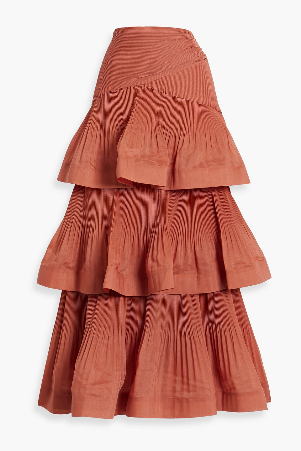 Zimmermann Tiered Plissé-organza Maxi Skirt In Antique Rose