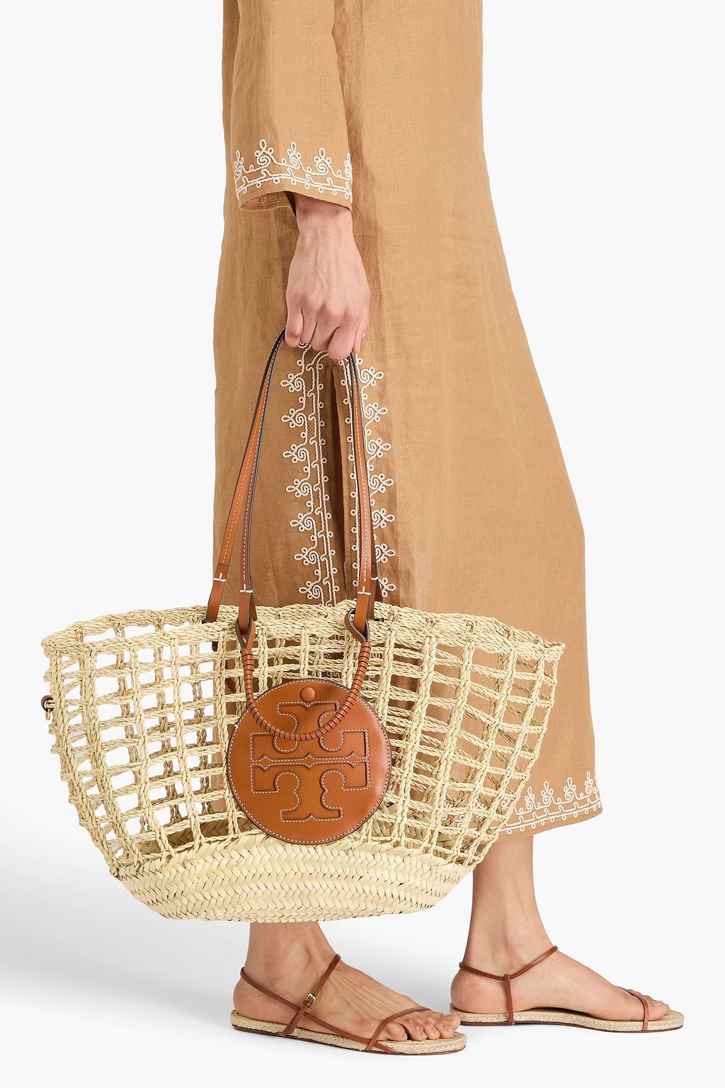 TORY BURCH حقيبة توت إيلا من القش بحواف من الجلد