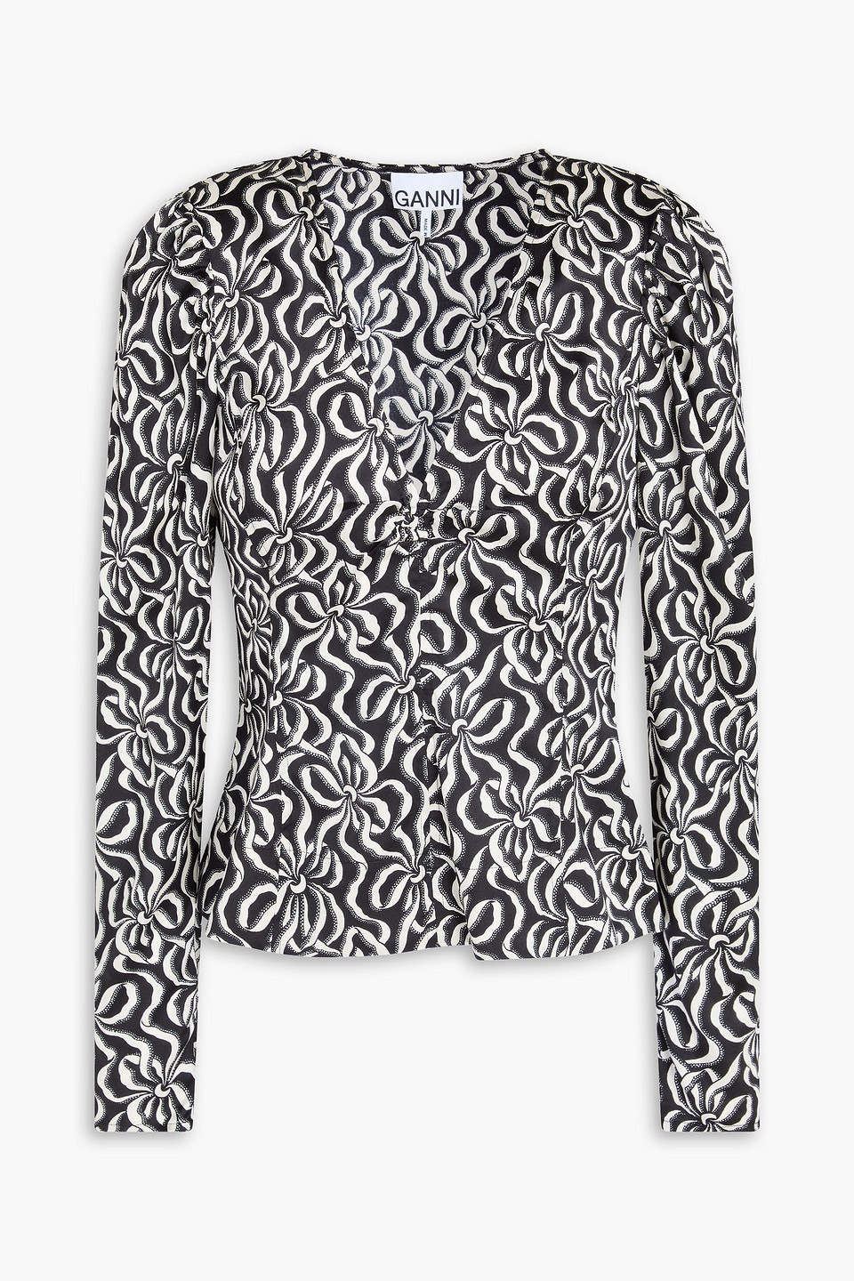 GANNI - Ruched floral-print stretch-silk satin blouse - Black - DE 34