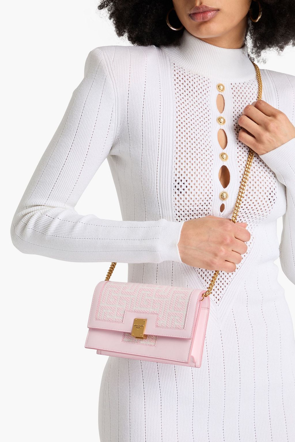 BALMAIN Jacquard-paneled leather cross-body bag